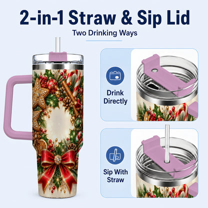 #pl[40oz|Pink] Christmas Wreath 40oz Tumbler with Handle, Gingerbread Holiday Design