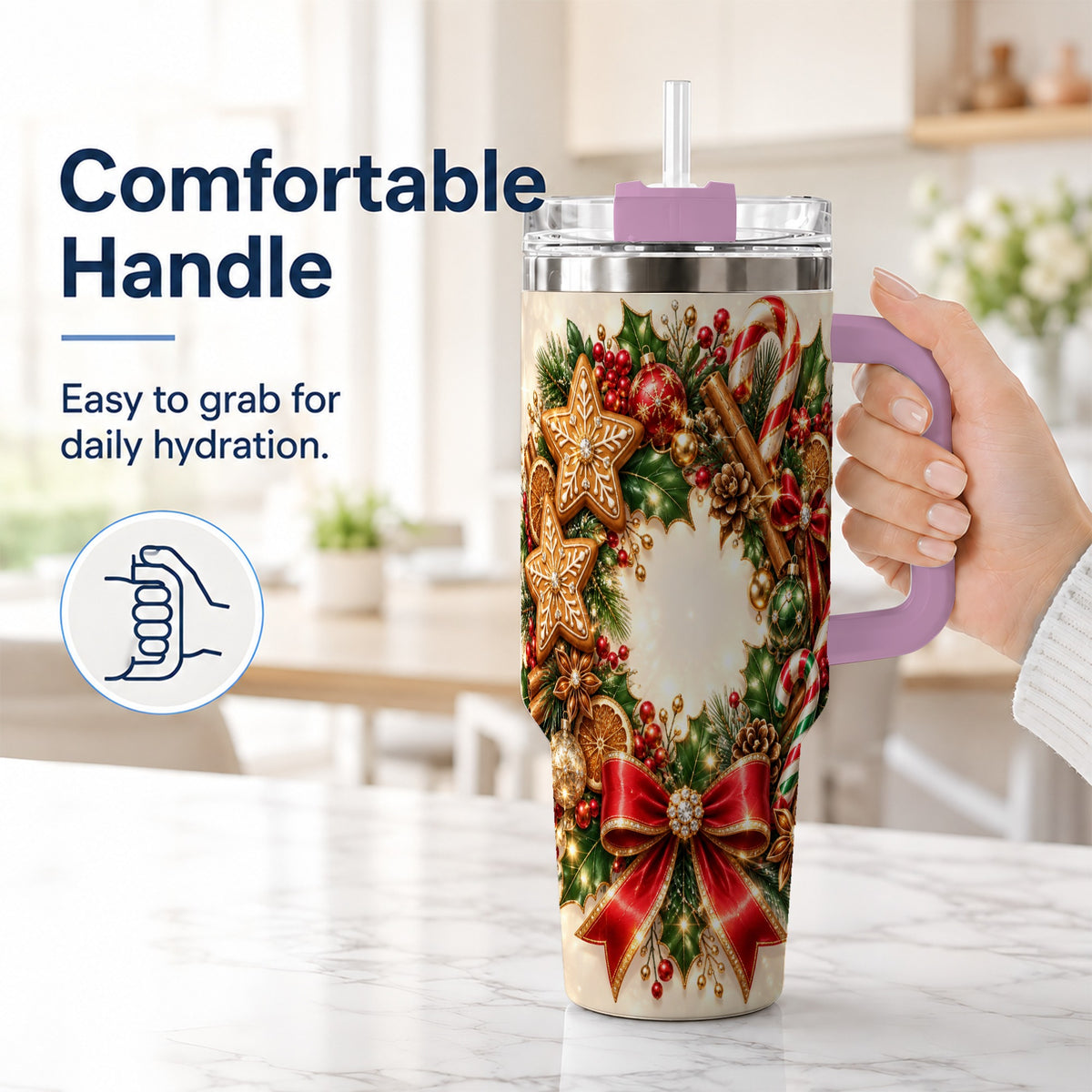 #pl[40oz|Pink] Christmas Wreath 40oz Tumbler with Handle, Gingerbread Holiday Design