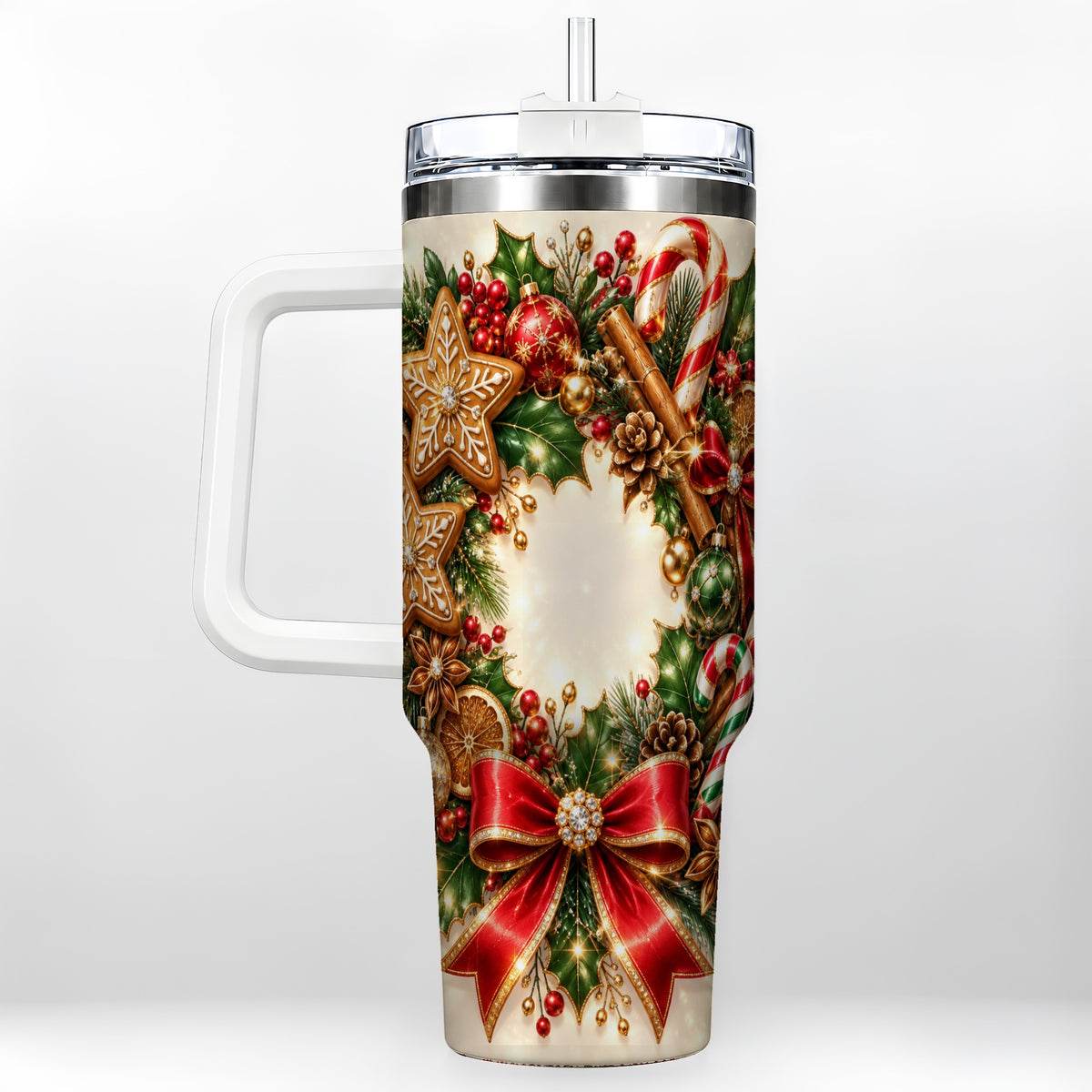 Christmas Wreath 40oz Tumbler with Handle, Gingerbread Holiday Design