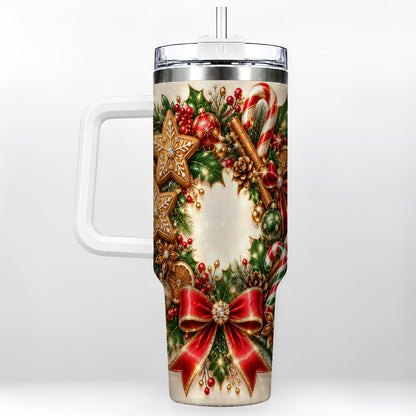 Christmas Wreath 40oz Tumbler with Handle, Gingerbread Holiday Design