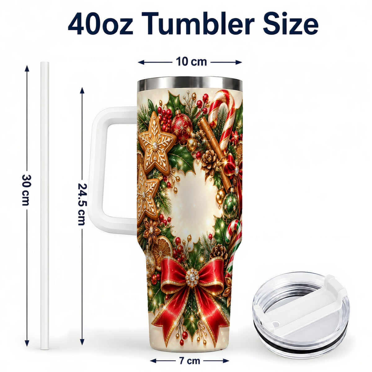 #pl[40oz|White] Christmas Wreath 40oz Tumbler with Handle, Gingerbread Holiday Design