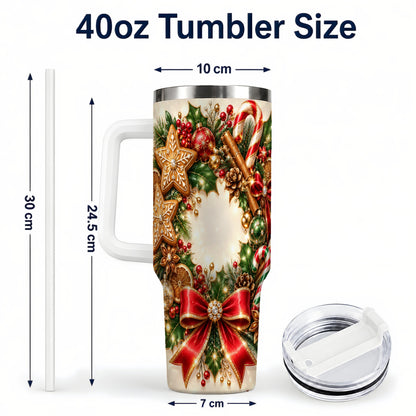 #pl[40oz|White] Christmas Wreath 40oz Tumbler with Handle, Gingerbread Holiday Design