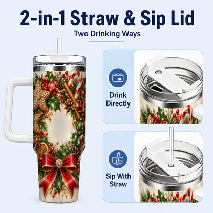 #pl[40oz|White] Christmas Wreath 40oz Tumbler with Handle, Gingerbread Holiday Design