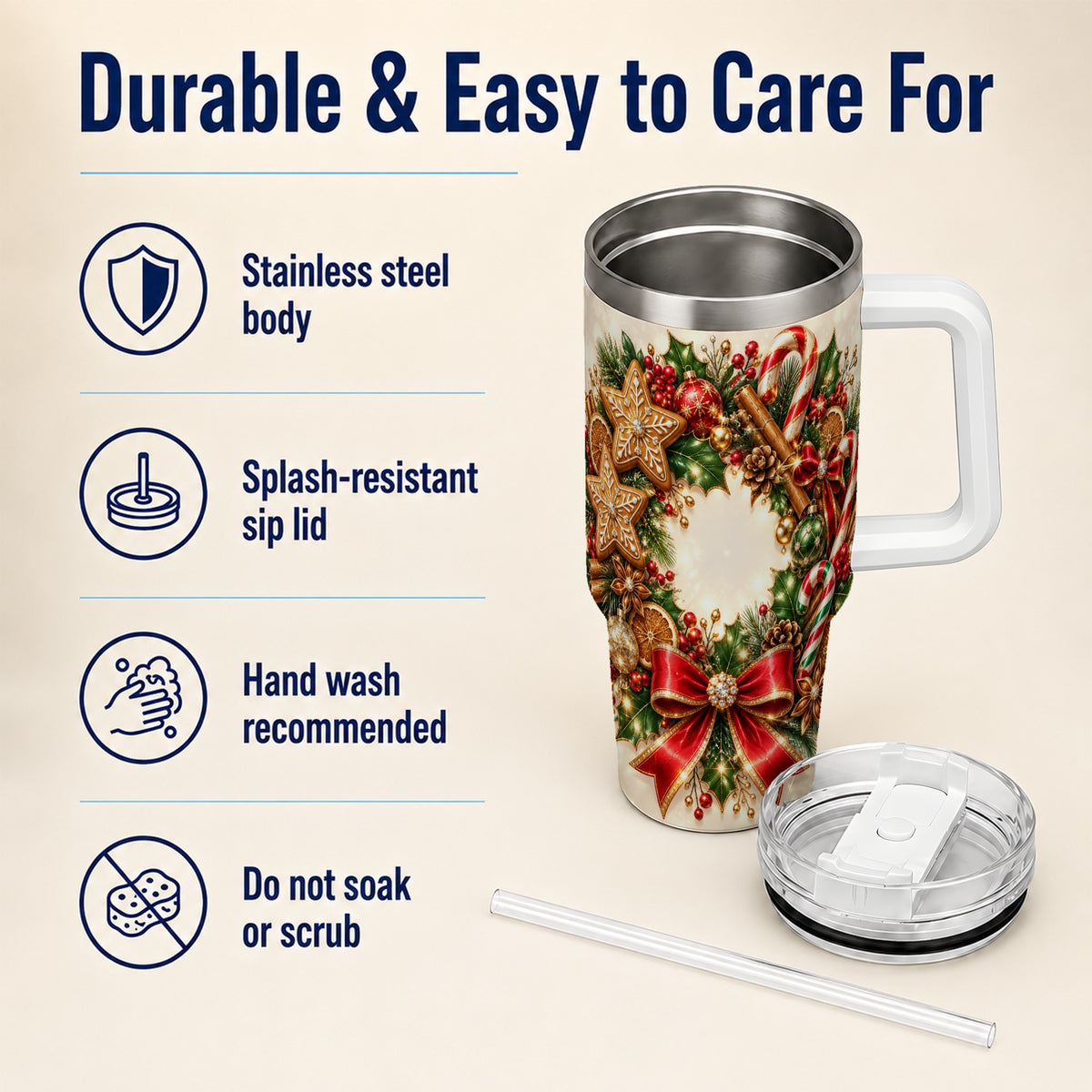 Christmas Wreath 40oz Tumbler with Handle, Gingerbread Holiday Design