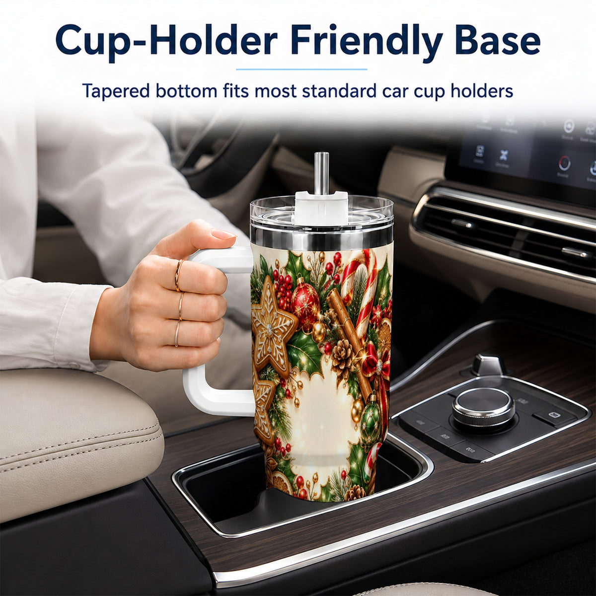 Christmas Wreath 40oz Tumbler with Handle, Gingerbread Holiday Design