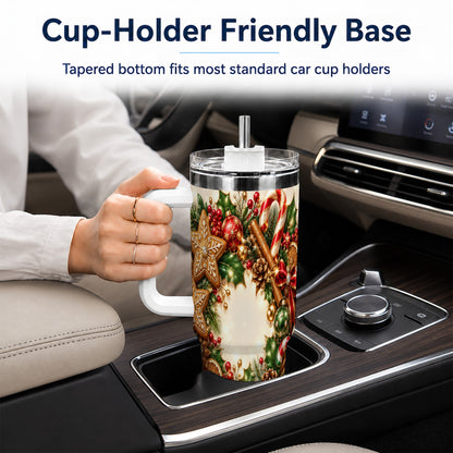 Christmas Wreath 40oz Tumbler with Handle, Gingerbread Holiday Design