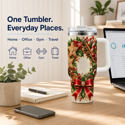 Christmas Wreath 40oz Tumbler with Handle, Gingerbread Holiday Design