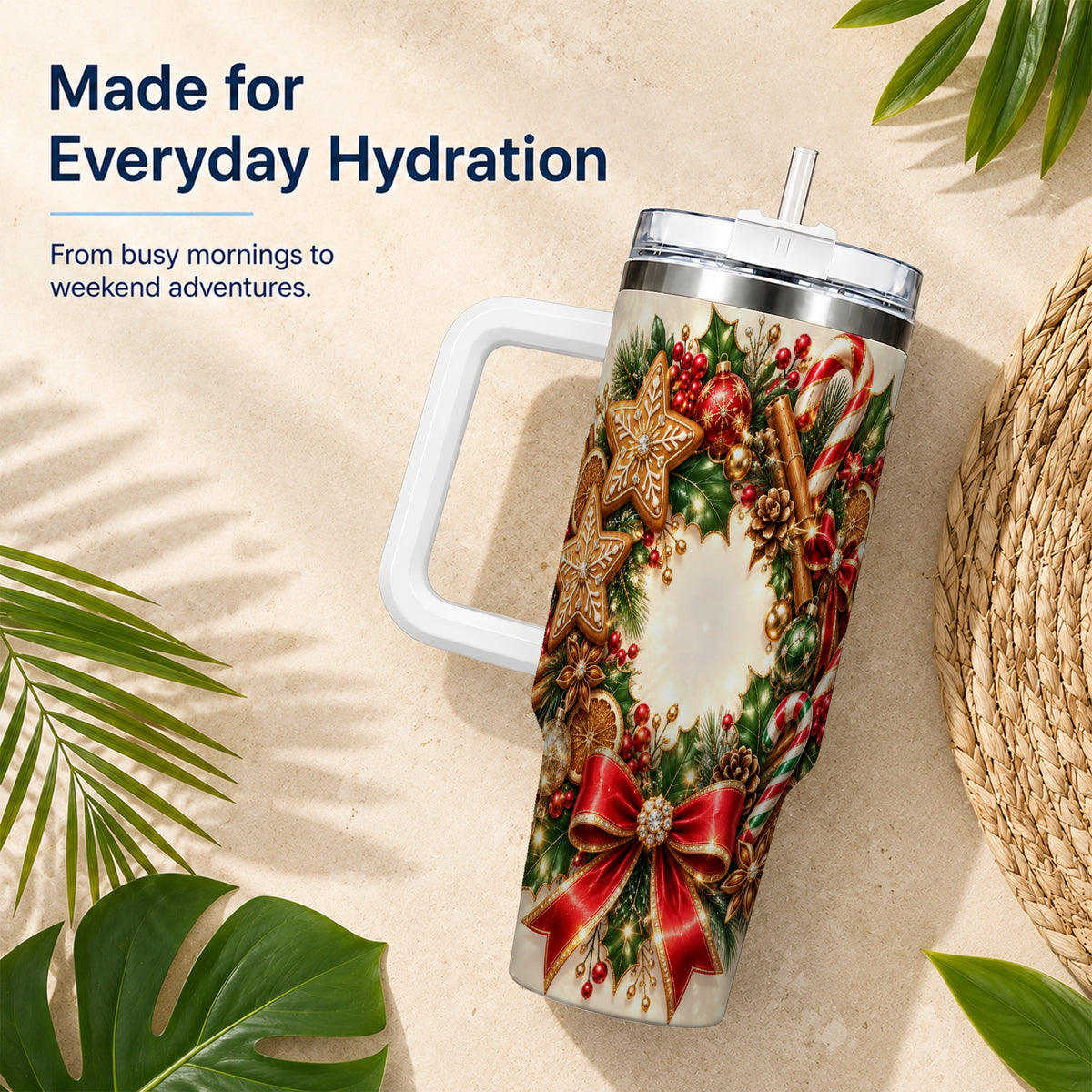 Christmas Wreath 40oz Tumbler with Handle, Gingerbread Holiday Design
