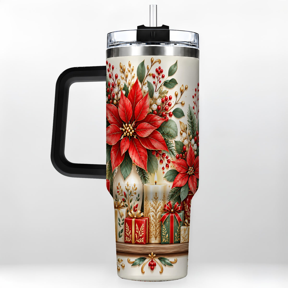 #pl[40oz|Black] Christmas Poinsettia 40oz Tumbler with Handle, Holiday Floral Artwork