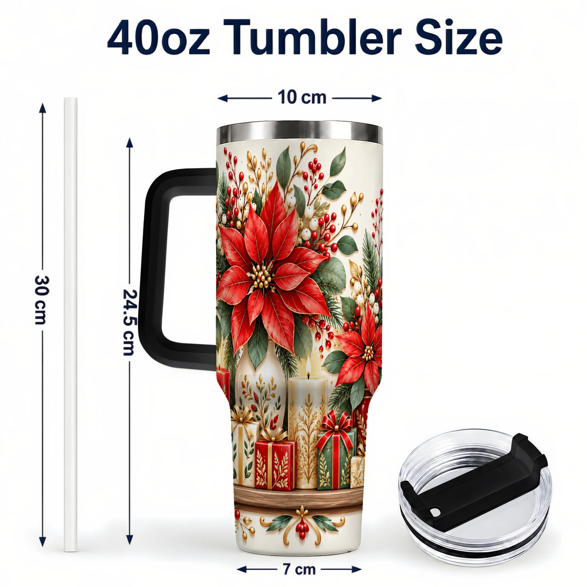 #pl[40oz|Black] Christmas Poinsettia 40oz Tumbler with Handle, Holiday Floral Artwork