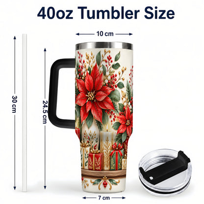 #pl[40oz|Black] Christmas Poinsettia 40oz Tumbler with Handle, Holiday Floral Artwork