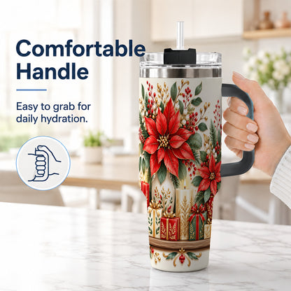 #pl[40oz|Black] Christmas Poinsettia 40oz Tumbler with Handle, Holiday Floral Artwork