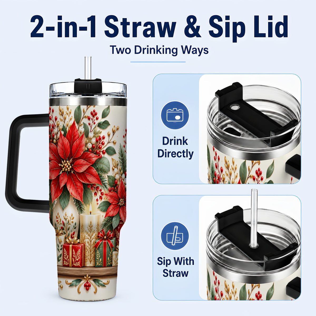 #pl[40oz|Black] Christmas Poinsettia 40oz Tumbler with Handle, Holiday Floral Artwork