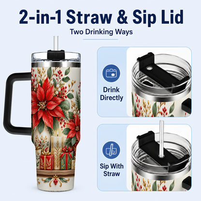 #pl[40oz|Black] Christmas Poinsettia 40oz Tumbler with Handle, Holiday Floral Artwork
