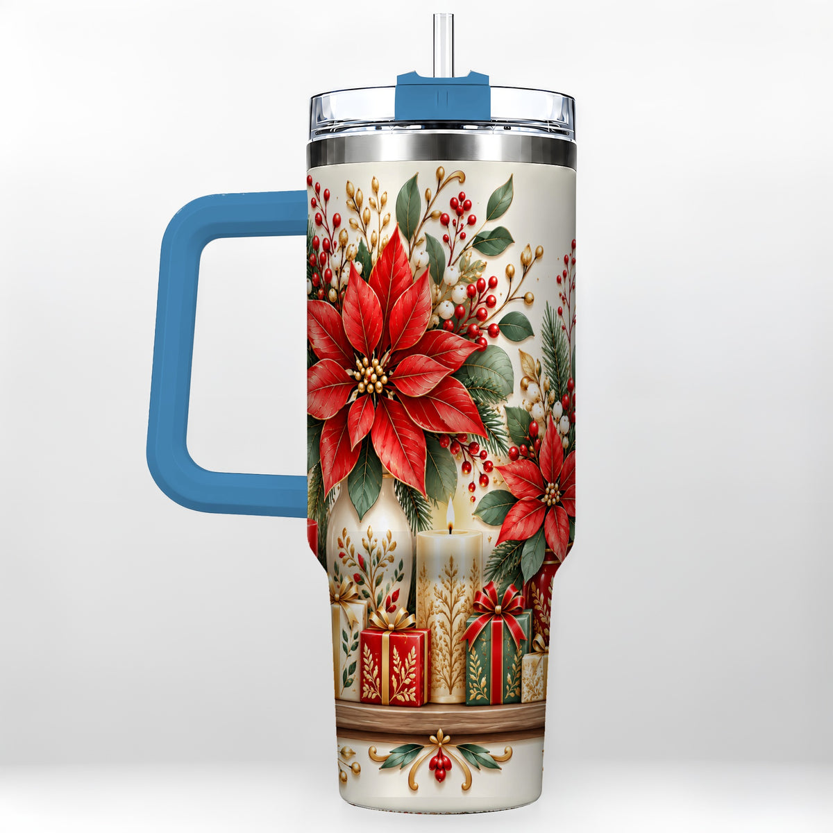 #pl[40oz|Blue] Christmas Poinsettia 40oz Tumbler with Handle, Holiday Floral Artwork