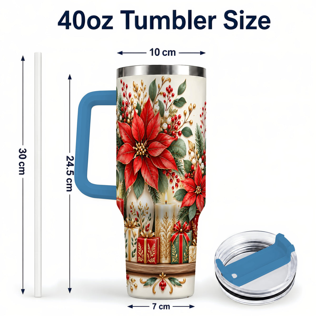 #pl[40oz|Blue] Christmas Poinsettia 40oz Tumbler with Handle, Holiday Floral Artwork