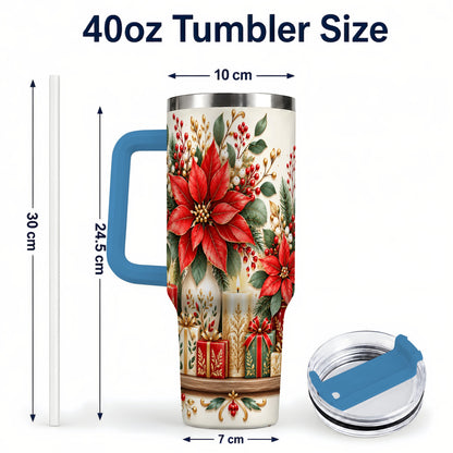 #pl[40oz|Blue] Christmas Poinsettia 40oz Tumbler with Handle, Holiday Floral Artwork
