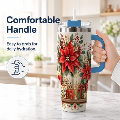#pl[40oz|Blue] Christmas Poinsettia 40oz Tumbler with Handle, Holiday Floral Artwork