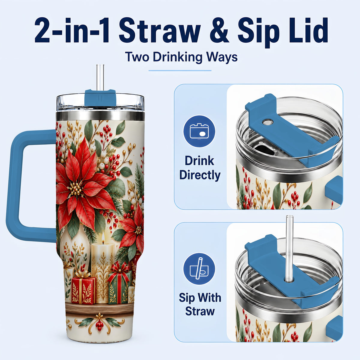 #pl[40oz|Blue] Christmas Poinsettia 40oz Tumbler with Handle, Holiday Floral Artwork