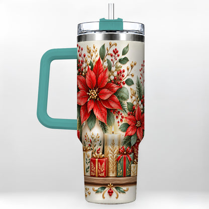 #pl[40oz|Green] Christmas Poinsettia 40oz Tumbler with Handle, Holiday Floral Artwork