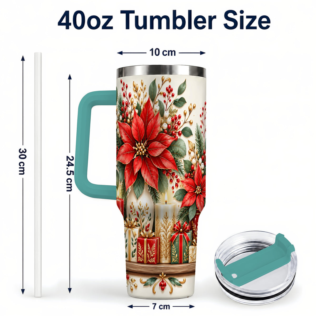 #pl[40oz|Green] Christmas Poinsettia 40oz Tumbler with Handle, Holiday Floral Artwork