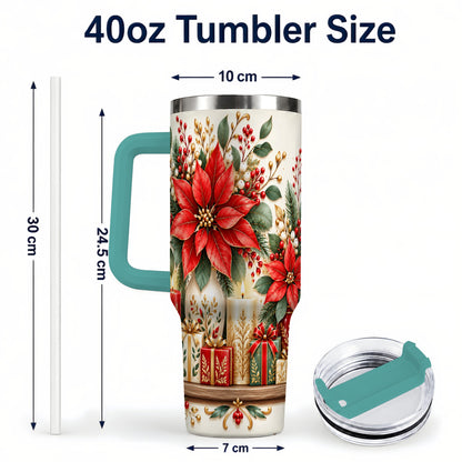 #pl[40oz|Green] Christmas Poinsettia 40oz Tumbler with Handle, Holiday Floral Artwork