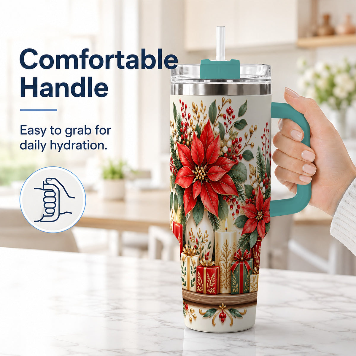 #pl[40oz|Green] Christmas Poinsettia 40oz Tumbler with Handle, Holiday Floral Artwork