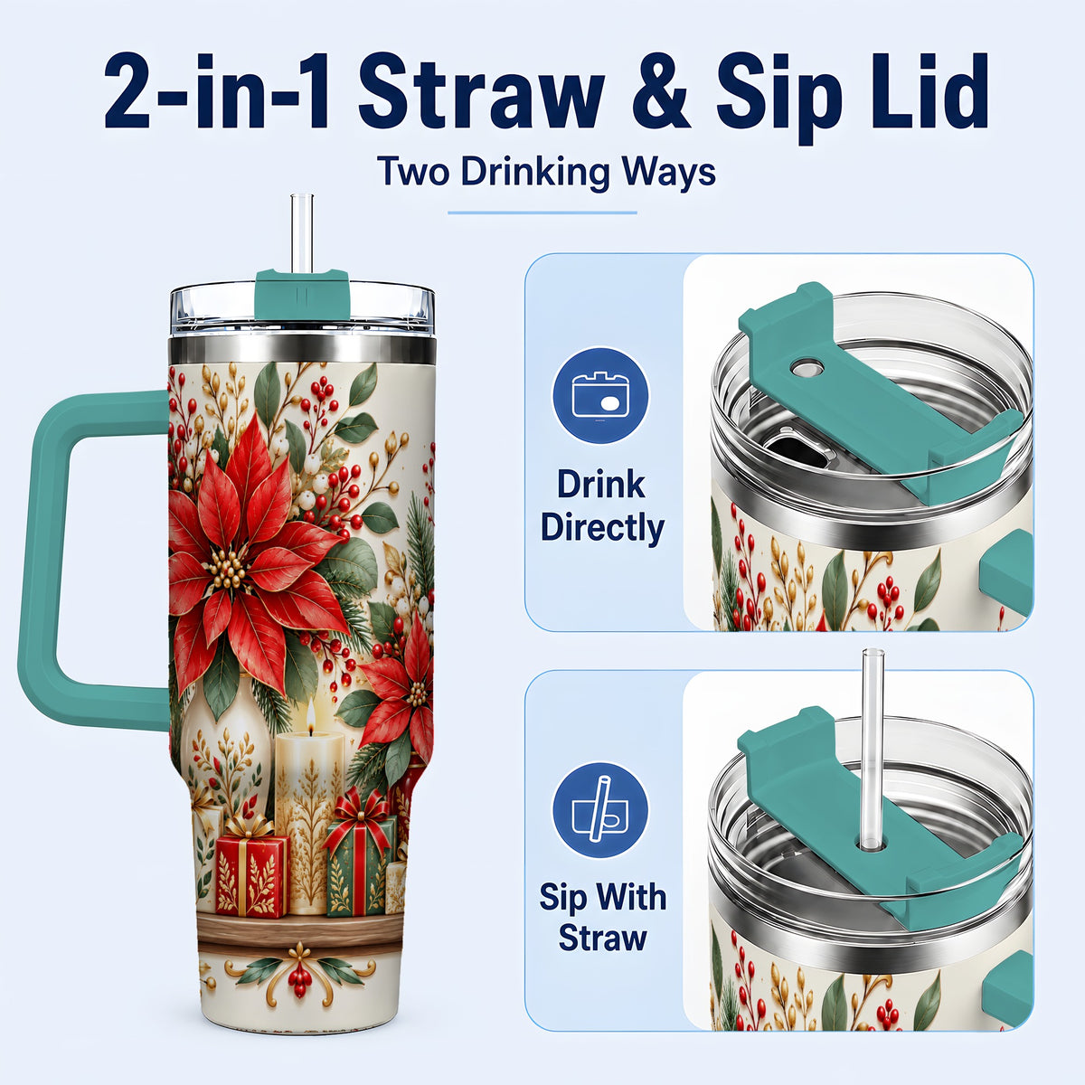 #pl[40oz|Green] Christmas Poinsettia 40oz Tumbler with Handle, Holiday Floral Artwork
