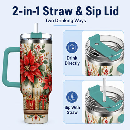 #pl[40oz|Green] Christmas Poinsettia 40oz Tumbler with Handle, Holiday Floral Artwork