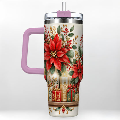 #pl[40oz|Pink] Christmas Poinsettia 40oz Tumbler with Handle, Holiday Floral Artwork