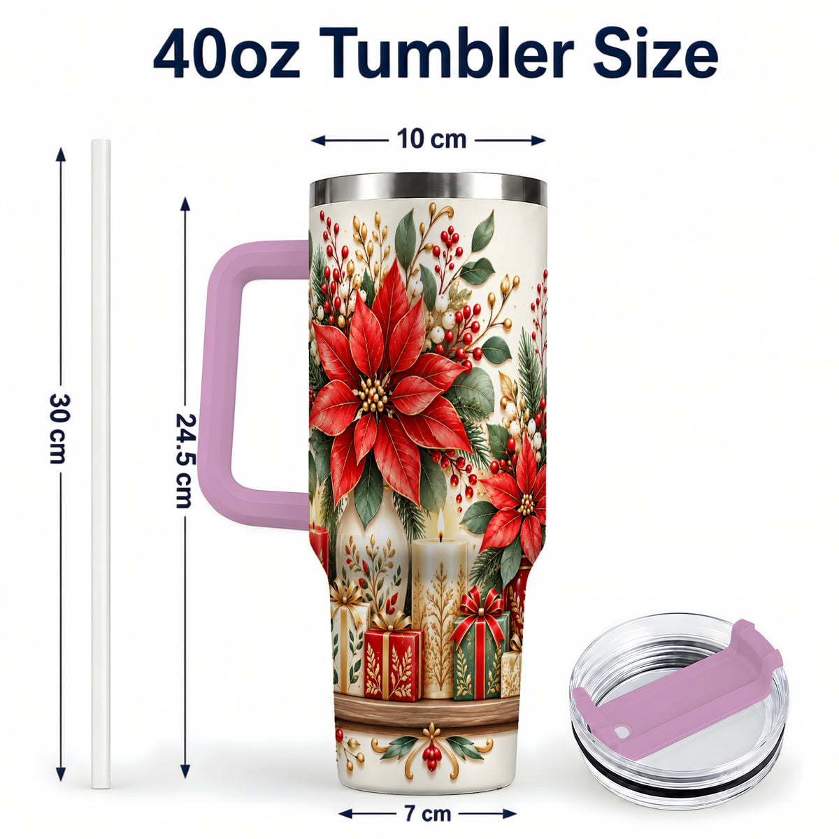 #pl[40oz|Pink] Christmas Poinsettia 40oz Tumbler with Handle, Holiday Floral Artwork
