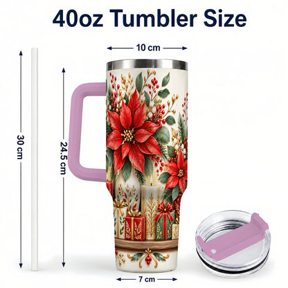 #pl[40oz|Pink] Christmas Poinsettia 40oz Tumbler with Handle, Holiday Floral Artwork