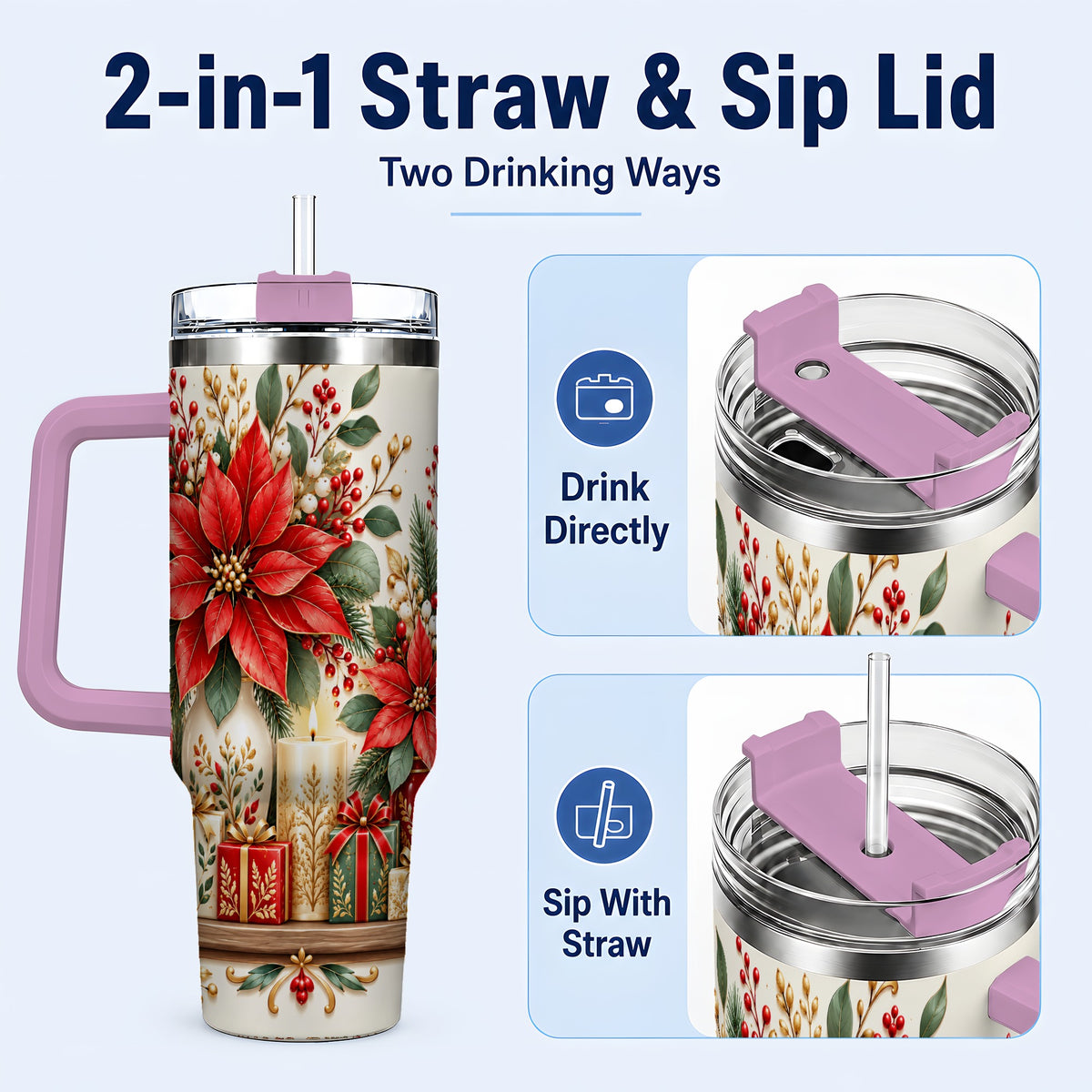 #pl[40oz|Pink] Christmas Poinsettia 40oz Tumbler with Handle, Holiday Floral Artwork