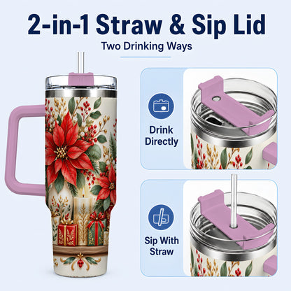 #pl[40oz|Pink] Christmas Poinsettia 40oz Tumbler with Handle, Holiday Floral Artwork