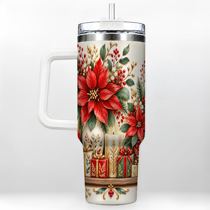 Christmas Poinsettia 40oz Tumbler with Handle, Holiday Floral Artwork