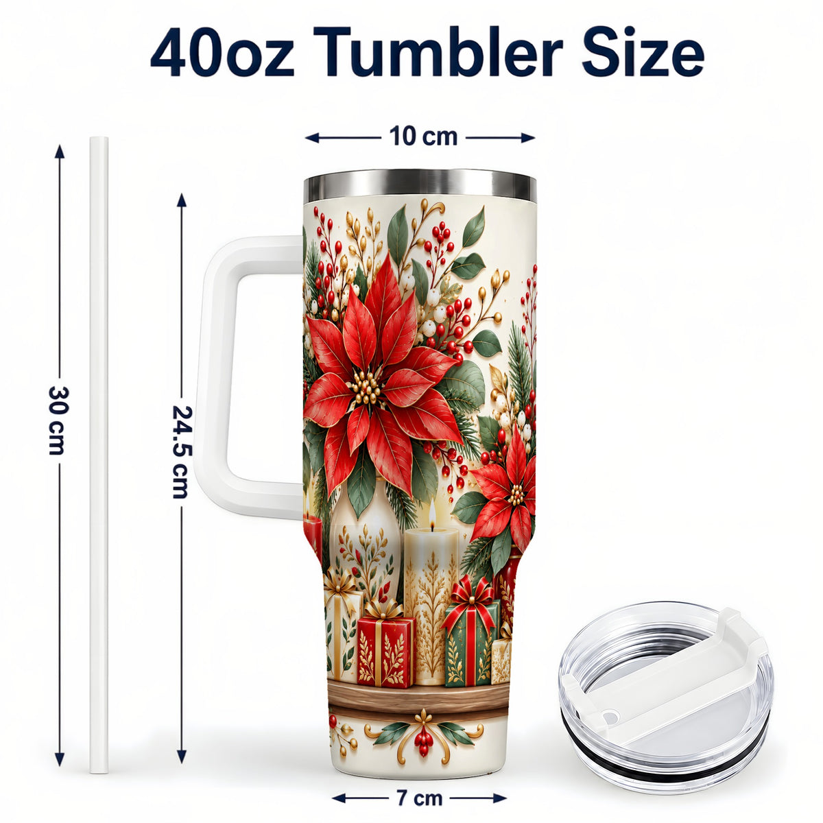 #pl[40oz|White] Christmas Poinsettia 40oz Tumbler with Handle, Holiday Floral Artwork