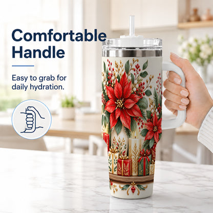 #pl[40oz|White] Christmas Poinsettia 40oz Tumbler with Handle, Holiday Floral Artwork