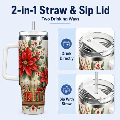 #pl[40oz|White] Christmas Poinsettia 40oz Tumbler with Handle, Holiday Floral Artwork