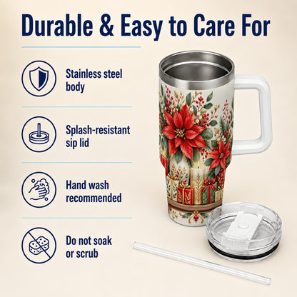 Christmas Poinsettia 40oz Tumbler with Handle, Holiday Floral Artwork