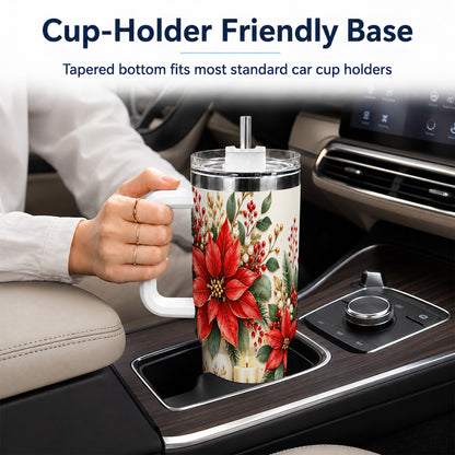 Christmas Poinsettia 40oz Tumbler with Handle, Holiday Floral Artwork