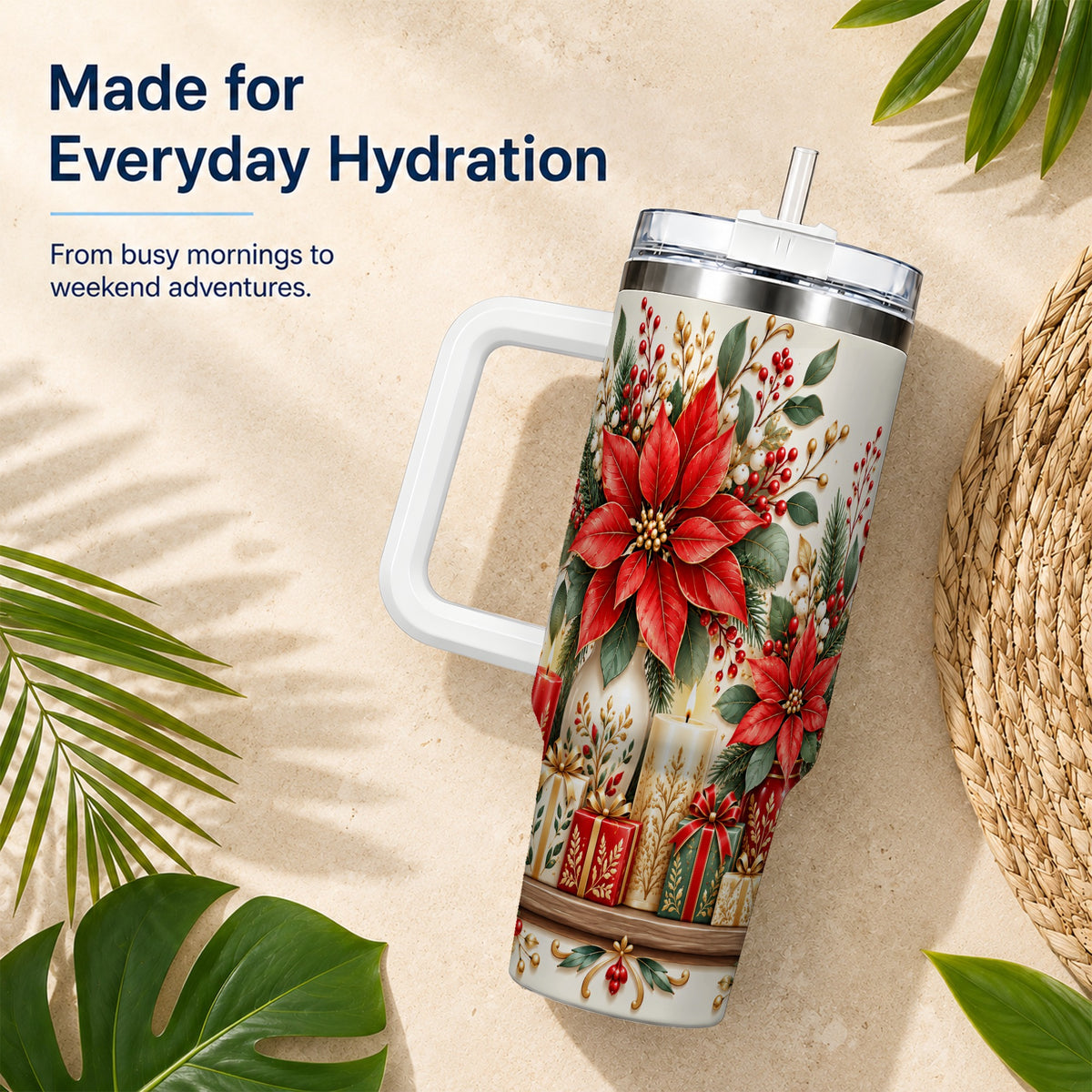 Christmas Poinsettia 40oz Tumbler with Handle, Holiday Floral Artwork