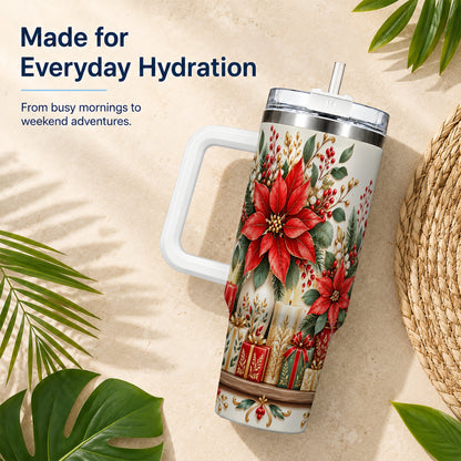 Christmas Poinsettia 40oz Tumbler with Handle, Holiday Floral Artwork