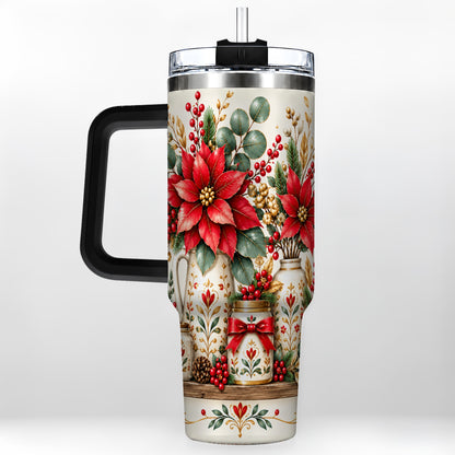 #pl[40oz|Black] Christmas Poinsettia 40oz Tumbler with Handle, Rustic Floral Design