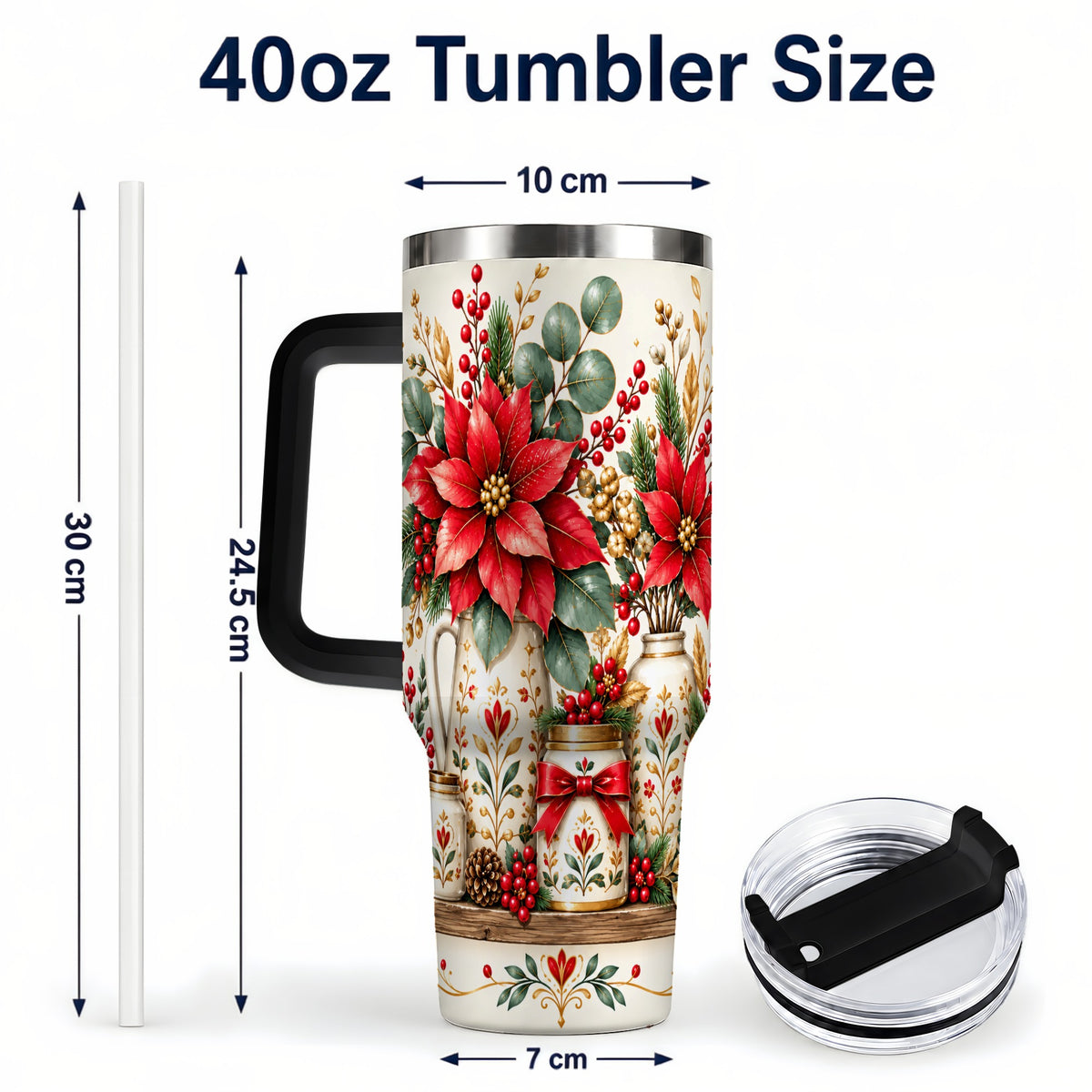 #pl[40oz|Black] Christmas Poinsettia 40oz Tumbler with Handle, Rustic Floral Design