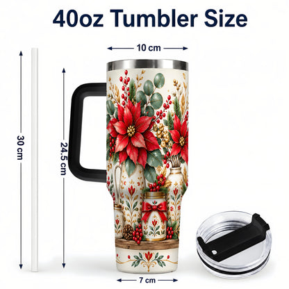 #pl[40oz|Black] Christmas Poinsettia 40oz Tumbler with Handle, Rustic Floral Design