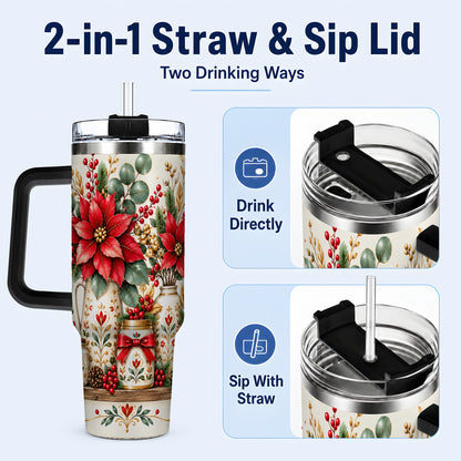 #pl[40oz|Black] Christmas Poinsettia 40oz Tumbler with Handle, Rustic Floral Design