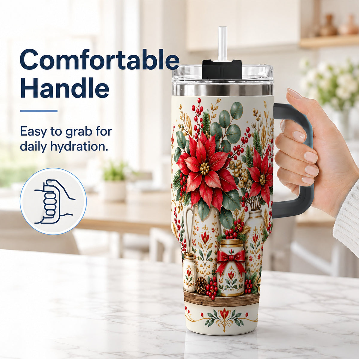 #pl[40oz|Black] Christmas Poinsettia 40oz Tumbler with Handle, Rustic Floral Design