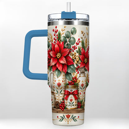 #pl[40oz|Blue] Christmas Poinsettia 40oz Tumbler with Handle, Rustic Floral Design