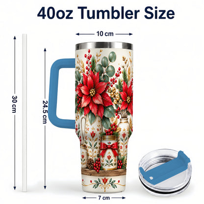 #pl[40oz|Blue] Christmas Poinsettia 40oz Tumbler with Handle, Rustic Floral Design