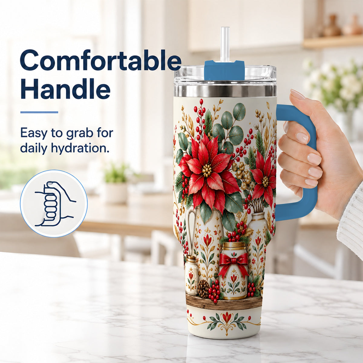 #pl[40oz|Blue] Christmas Poinsettia 40oz Tumbler with Handle, Rustic Floral Design